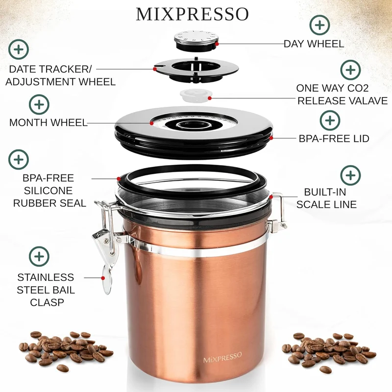 Mixpresso 16 Oz Copper Coffee Canister, Stainless Steel Airtight Coffee Container, Ground and Bean Storage with Date Tracker, Vacuum Sealed Espresso Airtight Container, Sugar Container