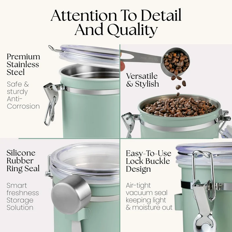 Mixpresso Green Coffee Canister, 16oz Airtight Stainless Steel Kitchen Food Storage Container with Clear Lid and Spoon. for Grounds Coffee, Beans, Tea, Flour, Cereal, Vacuum Sealed Sugar Container