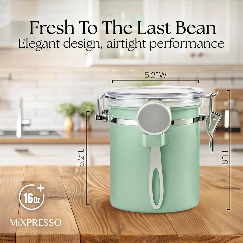 Mixpresso Green Coffee Canister, 16oz Airtight Stainless Steel Kitchen Food Storage Container with Clear Lid and Spoon. for Grounds Coffee, Beans, Tea, Flour, Cereal, Vacuum Sealed Sugar Container