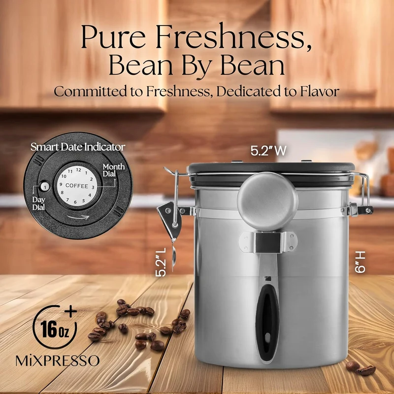 Mixpresso 16 Oz Coffee Canister with Window, Stainless Steel Airtight Coffee Container & scoop, Jar Tea Storage with Date Tracker, Vacuum Sealed Espresso Airtight Canister, Sugar Container