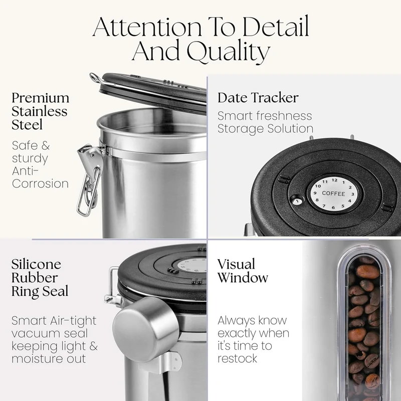 Mixpresso 16 Oz Coffee Canister with Window, Stainless Steel Airtight Coffee Container & scoop, Jar Tea Storage with Date Tracker, Vacuum Sealed Espresso Airtight Canister, Sugar Container