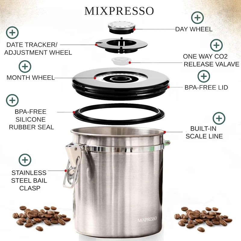 Mixpresso 16 Oz Coffee Canister with Scoop, Stainless Steel Airtight Coffee Container, Air tight Jar Tea Storage with Date Tracker, Vacuum Sealed Espresso Airtight Canister, Sugar Container for Home