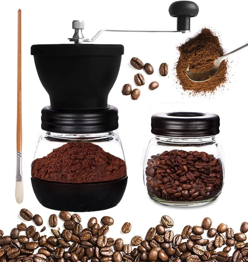 Mixpresso Manual Coffee Grinder, Spice Grinder Manual, Glass Jars, Ceramic Burr, Adjustable Grind, Easy to Clean, Portable Compact Design, 3 Piece Set, Stainless Steel
