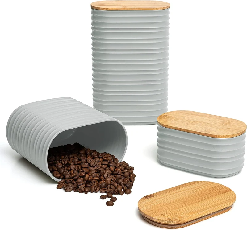 Mixpresso Gray Canisters Sets for the Kitchen – 3-Piece Airtight Plastic Sugar Container Set with Bamboo Lids in Three Different Sizes – Decorative Modern Storage Jars for Coffee, Tea & Countertops