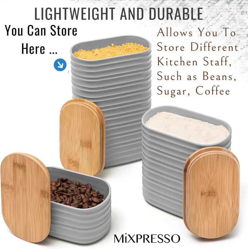 Mixpresso Gray Canisters Sets for the Kitchen – 3-Piece Airtight Plastic Sugar Container Set with Bamboo Lids in Three Different Sizes – Decorative Modern Storage Jars for Coffee, Tea & Countertops