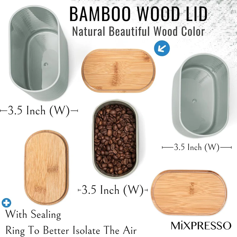 Mixpresso Gray Canisters Sets for the Kitchen – 3-Piece Airtight Plastic Sugar Container Set with Bamboo Lids in Three Different Sizes – Decorative Modern Storage Jars for Coffee, Tea & Countertops