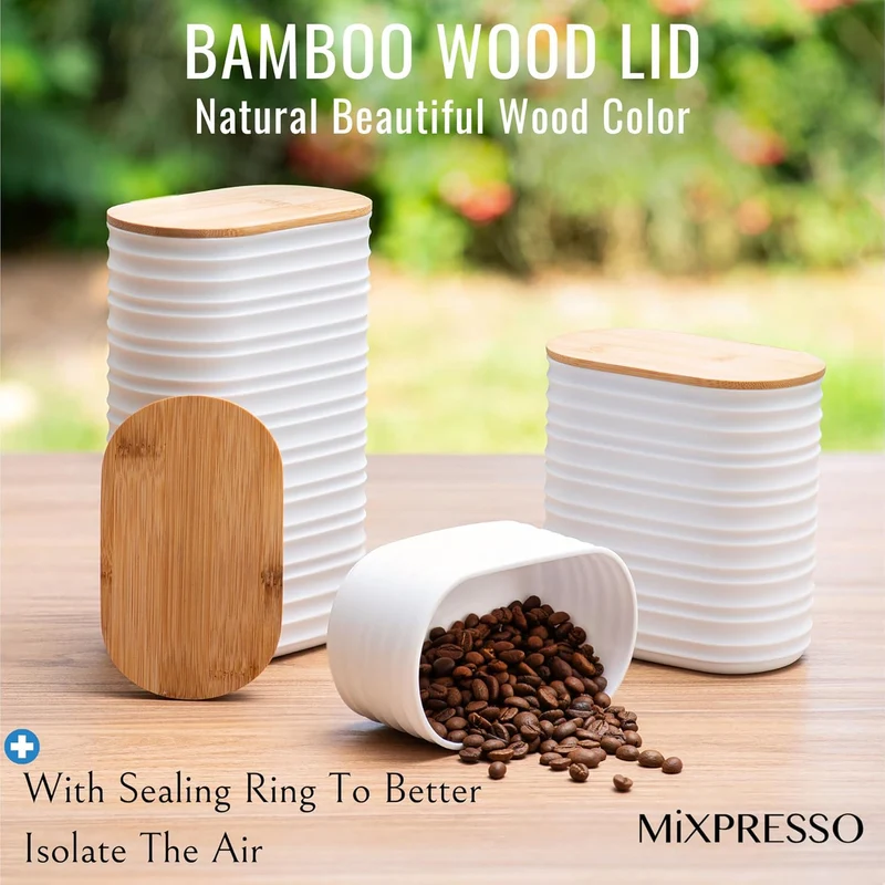 Mixpresso White Canisters Sets for the Kitchen – 3-Piece Airtight Plastic Sugar Container Set with Bamboo Lids in Three Different Sizes – Decorative Modern Storage Jars for Coffee, Tea & Countertops