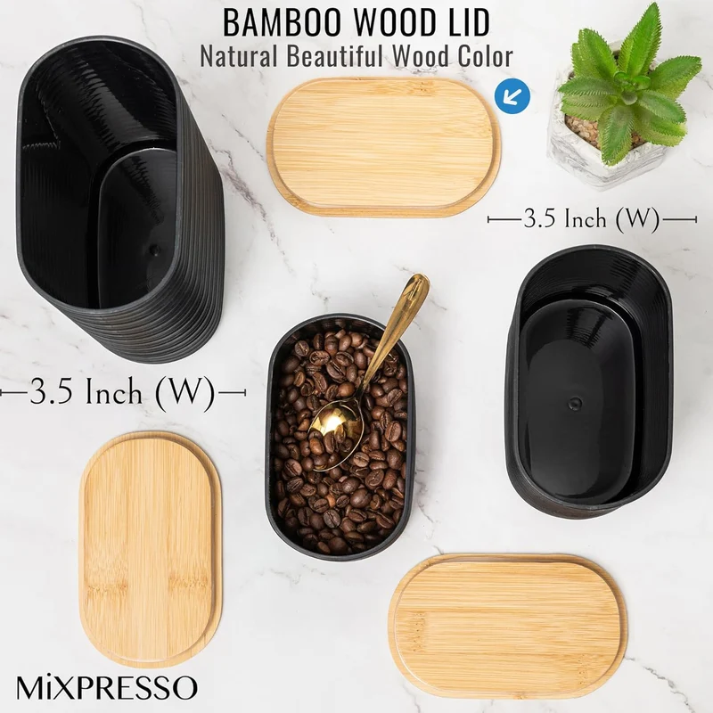 Mixpresso Black Canisters Sets for the Kitchen – 3-Piece Airtight Plastic Sugar Container Set with Bamboo Lids in Three Different Sizes – Decorative Modern Storage Jars for Coffee, Tea & Countertops
