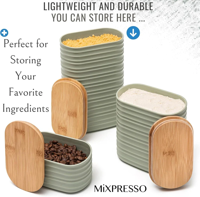 Mixpresso Olive Green Canisters Sets for the Kitchen – 3-Piece Airtight Plastic Sugar Container Set with Bamboo Lids in Three Different Sizes – Decorative Modern Storage Jars for Coffee &Tea
