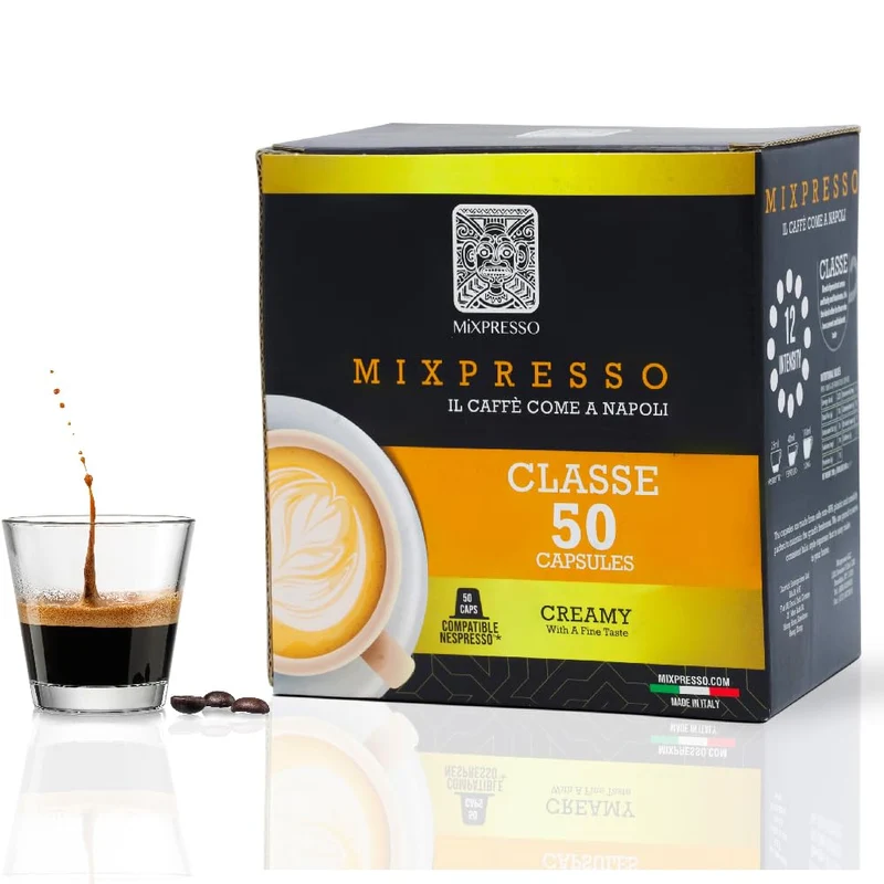 Mixpresso Classe Coffee Espresso Capsules Compatible With Nespresso Original Brewers, Single Cup Coffee Pods 100% from Italy, Medium Roast 80% Arabica Espresso, 50 Count Coffee Capsule Intensity 8/12