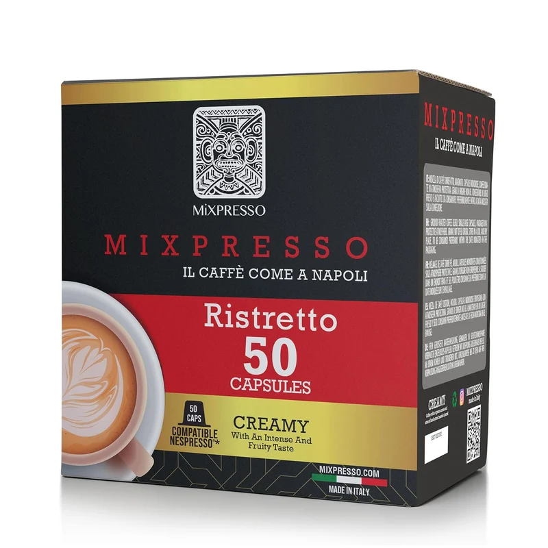 Mixpresso Coffee Ristretto Espresso Capsules Compatible With Nespresso Original Brewers, Single Cup Coffee Pods 100% from Italy Dark Roast 80% Arabica Espresso, 50 Count Coffee Capsule Intensity 12/12