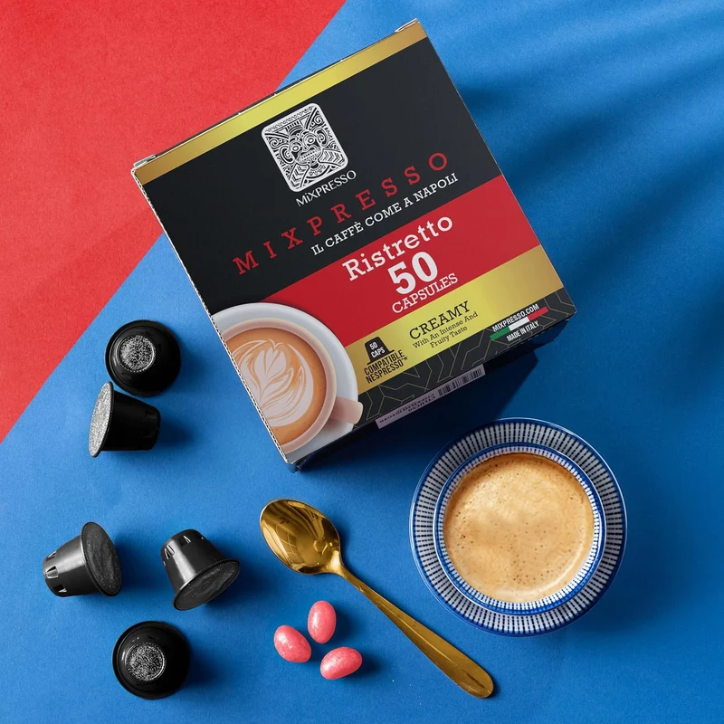 Mixpresso Coffee Ristretto Espresso Capsules Compatible With Nespresso Original Brewers, Single Cup Coffee Pods 100% from Italy Dark Roast 80% Arabica Espresso, 50 Count Coffee Capsule Intensity 12/12