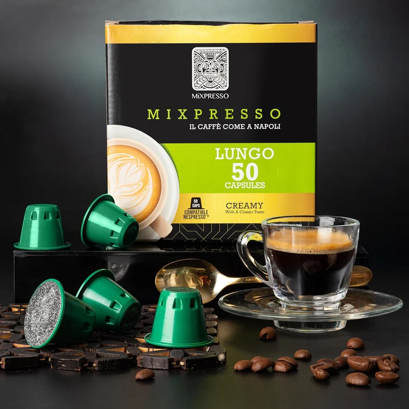Mixpresso Lungo Coffee Espresso Capsules Compatible With Nespresso Original Brewers, Single Cup Coffee Pods 100% from Italy, Dark Roast 80% Arabica Espresso, 50 Count Coffee Capsule Intensity 10/12