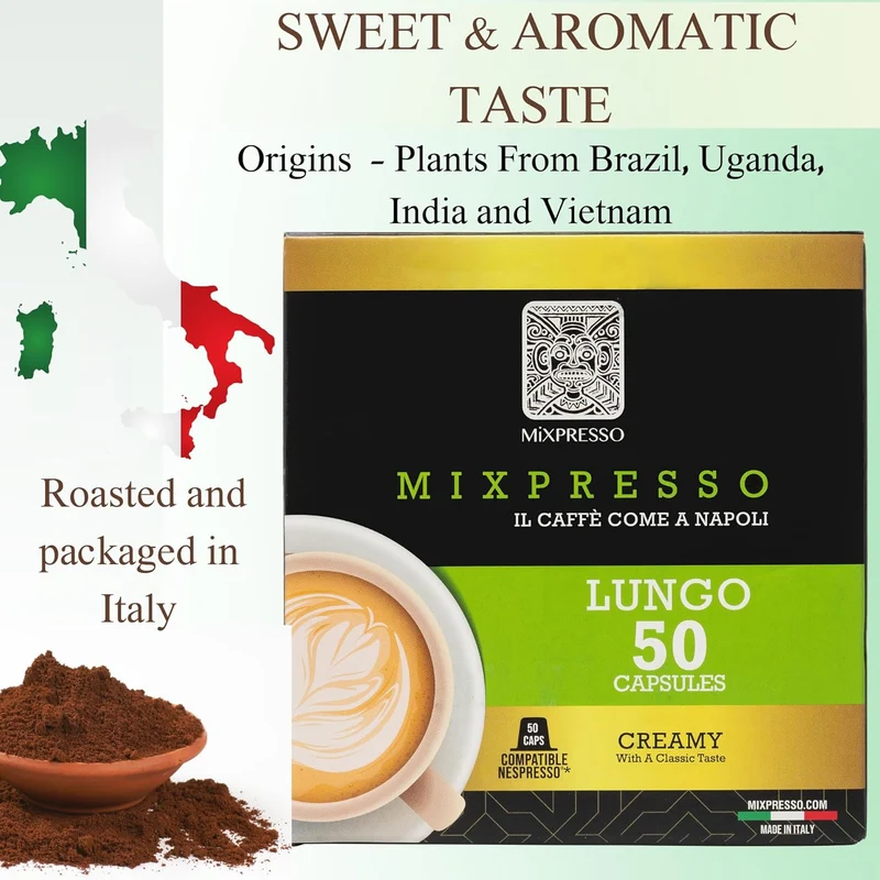 Mixpresso Lungo Coffee Espresso Capsules Compatible With Nespresso Original Brewers, Single Cup Coffee Pods 100% from Italy, Dark Roast 80% Arabica Espresso, 50 Count Coffee Capsule Intensity 10/12