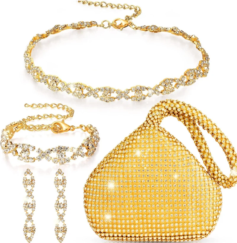 Elegant 4 Pieces Rhinestone Necklace Choker Bracelet Earring Clutch Purses Jewelry Set Women Crystal Triangle Bling Diamond Purse Rhinestone Bag for Wedding Party