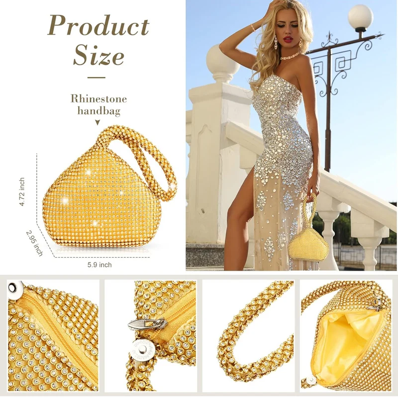 Elegant 4 Pieces Rhinestone Necklace Choker Bracelet Earring Clutch Purses Jewelry Set Women Crystal Triangle Bling Diamond Purse Rhinestone Bag for Wedding Party