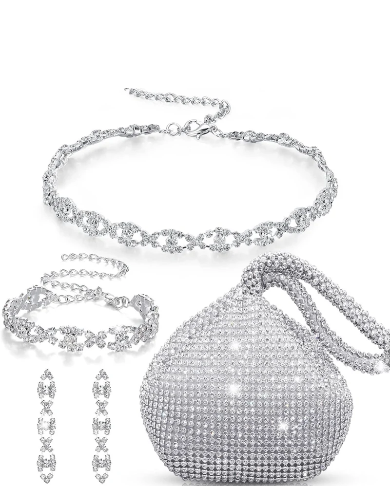 Elegant 4 Pieces Rhinestone Necklace Choker Bracelet Earring Clutch Purses Jewelry Set Women Crystal Triangle Bling Diamond Purse Rhinestone Bag for Wedding Party