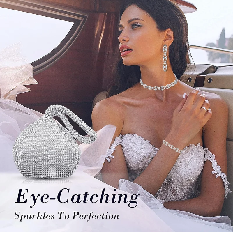 Elegant 4 Pieces Rhinestone Necklace Choker Bracelet Earring Clutch Purses Jewelry Set Women Crystal Triangle Bling Diamond Purse Rhinestone Bag for Wedding Party
