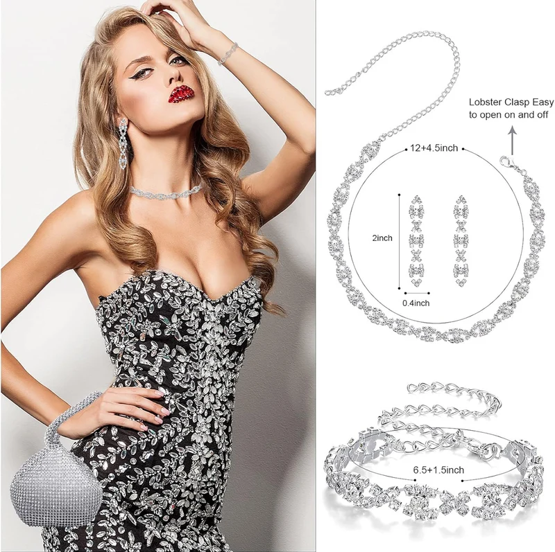Elegant 4 Pieces Rhinestone Necklace Choker Bracelet Earring Clutch Purses Jewelry Set Women Crystal Triangle Bling Diamond Purse Rhinestone Bag for Wedding Party