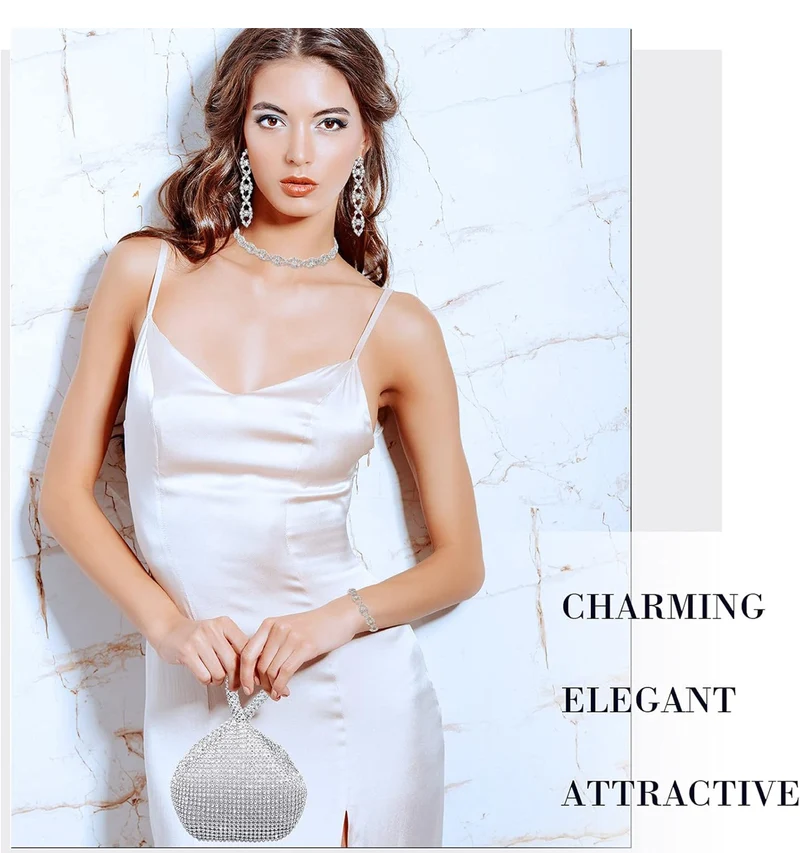 Elegant 4 Pieces Rhinestone Necklace Choker Bracelet Earring Clutch Purses Jewelry Set Women Crystal Triangle Bling Diamond Purse Rhinestone Bag for Wedding Party