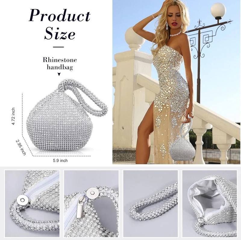 Elegant 4 Pieces Rhinestone Necklace Choker Bracelet Earring Clutch Purses Jewelry Set Women Crystal Triangle Bling Diamond Purse Rhinestone Bag for Wedding Party