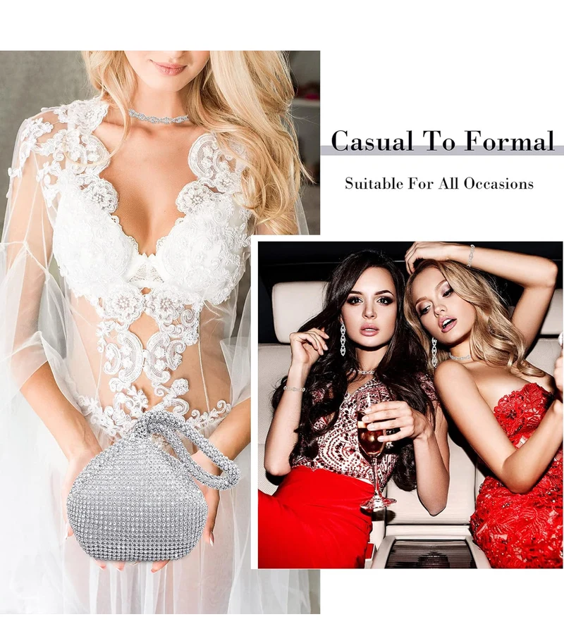 Elegant 4 Pieces Rhinestone Necklace Choker Bracelet Earring Clutch Purses Jewelry Set Women Crystal Triangle Bling Diamond Purse Rhinestone Bag for Wedding Party