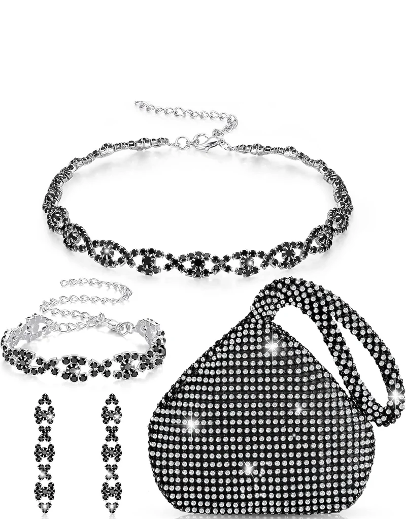 Elegant 4 Pieces Rhinestone Necklace Choker Bracelet Earring Clutch Purses Jewelry Set Women Crystal Triangle Bling Diamond Purse Rhinestone Bag for Wedding Party