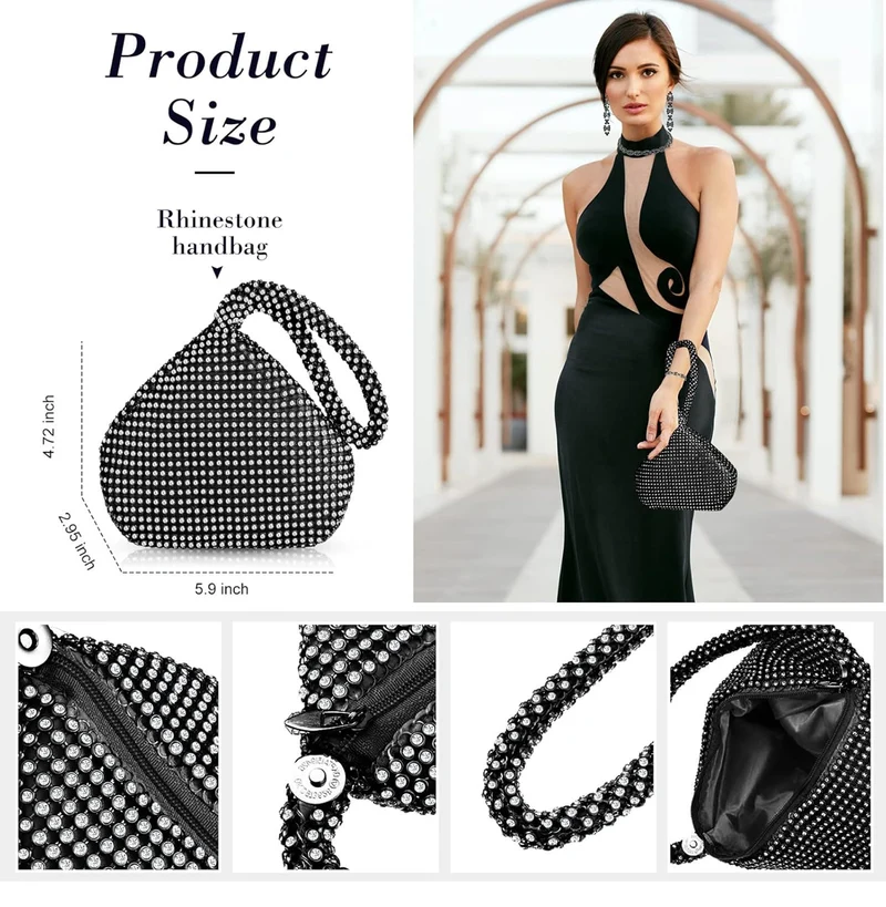 Elegant 4 Pieces Rhinestone Necklace Choker Bracelet Earring Clutch Purses Jewelry Set Women Crystal Triangle Bling Diamond Purse Rhinestone Bag for Wedding Party