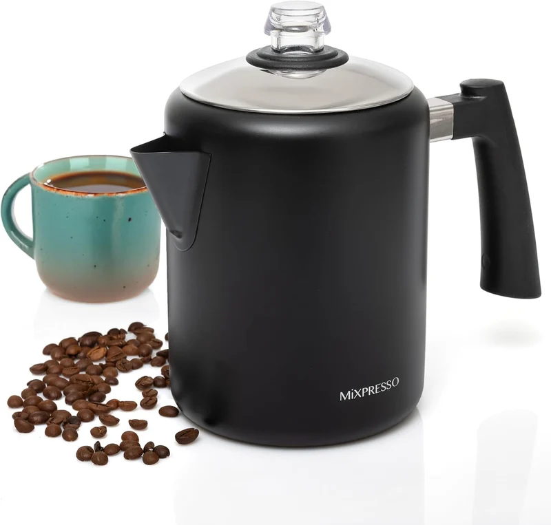 Mixpresso Black Stainless Steel Coffee Percolator Stovetop, 37oz Classic Percolator Coffee Pot, Great For Camping Pot, 5-8 Cup Stove Top Espresso Maker, Cool-Touch Handle