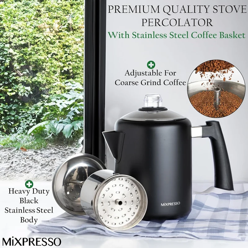 Mixpresso Black Stainless Steel Coffee Percolator Stovetop, 37oz Classic Percolator Coffee Pot, Great For Camping Pot, 5-8 Cup Stove Top Espresso Maker, Cool-Touch Handle