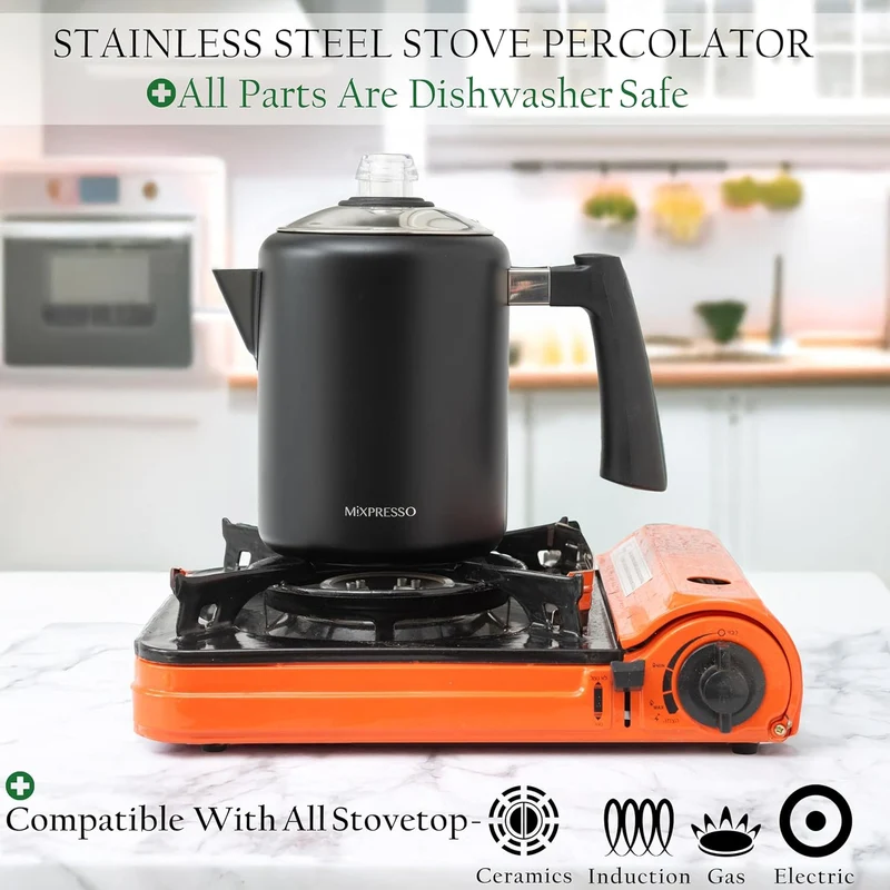 Mixpresso Black Stainless Steel Coffee Percolator Stovetop, 37oz Classic Percolator Coffee Pot, Great For Camping Pot, 5-8 Cup Stove Top Espresso Maker, Cool-Touch Handle