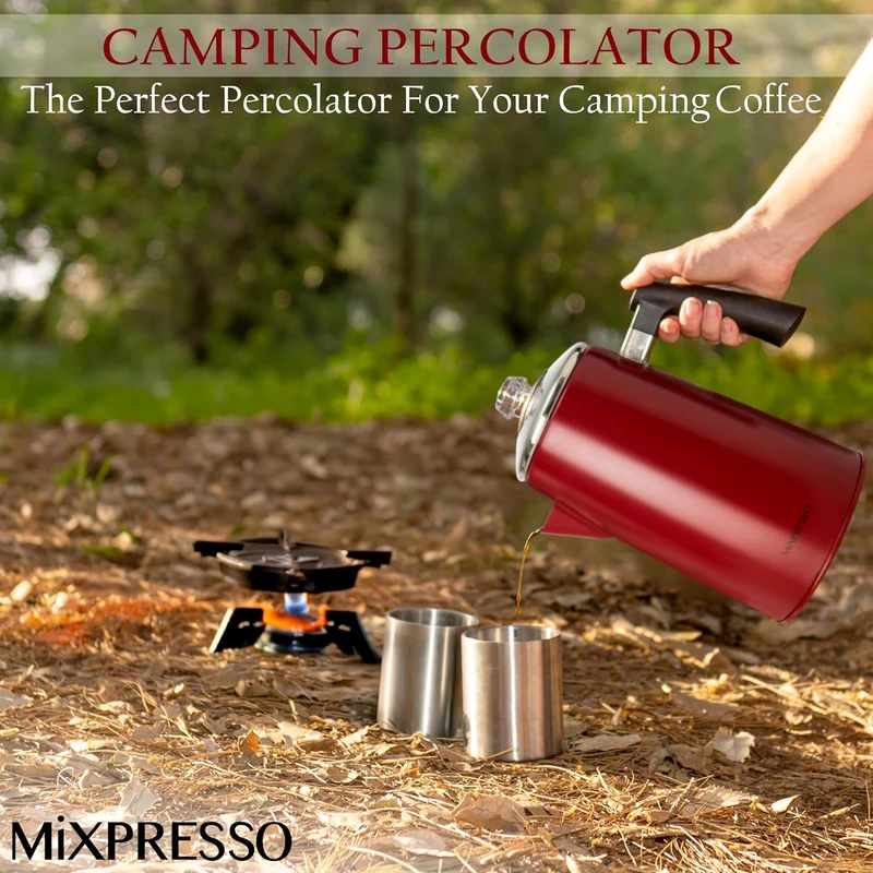 Mixpresso Red Stainless Steel Coffee Percolator Stovetop, 52 oz Classic Percolator Coffee Pot, Great For Camping Pot, 12 Cup Stove Top Espresso Maker, Cool-Touch Handle