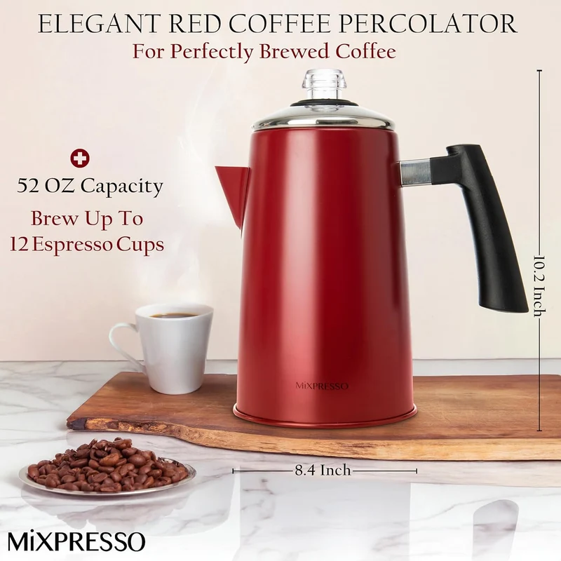 Mixpresso Red Stainless Steel Coffee Percolator Stovetop, 52 oz Classic Percolator Coffee Pot, Great For Camping Pot, 12 Cup Stove Top Espresso Maker, Cool-Touch Handle