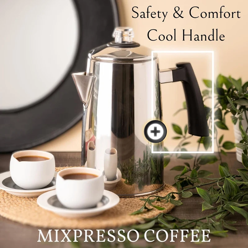 Mixpresso Stainless Steel Coffee Percolator Stovetop, 52 oz Classic Percolator Coffee Pot, Great For Camping Pot, 12 Cup Stove Top Espresso Maker, Cool-Touch Handle