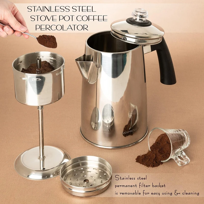 Mixpresso Stainless Steel Coffee Percolator Stovetop, 52 oz Classic Percolator Coffee Pot, Great For Camping Pot, 12 Cup Stove Top Espresso Maker, Cool-Touch Handle