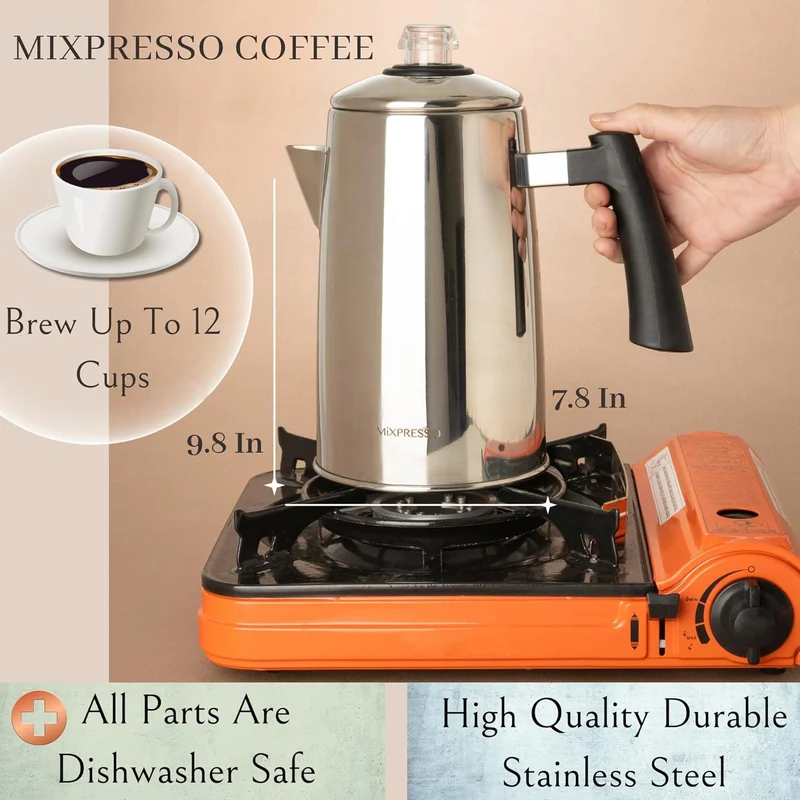 Mixpresso Stainless Steel Coffee Percolator Stovetop, 52 oz Classic Percolator Coffee Pot, Great For Camping Pot, 12 Cup Stove Top Espresso Maker, Cool-Touch Handle