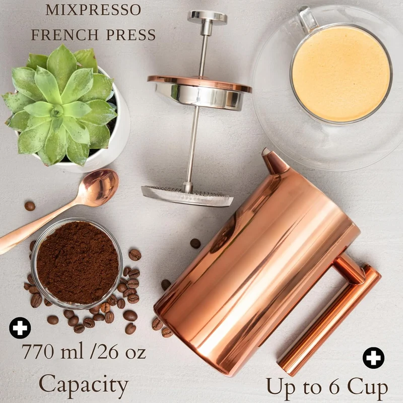 Mixpresso Stainless Steel French Press Coffee Maker 26 Oz 770 ml, Double Wall Insulated French Press Stainless Steel, Easy Clean Tea Brewer, Easy Press Durable Metal Coffee Press