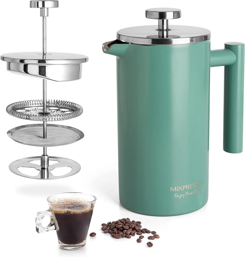 Mixpresso Green Stainless Steel French Press Coffee Maker 26 Oz 770 Ml, Double Wall Insulated French Press Stainless Steel, Easy Clean Tea Brewer, Easy Press Durable Metal Coffee Press