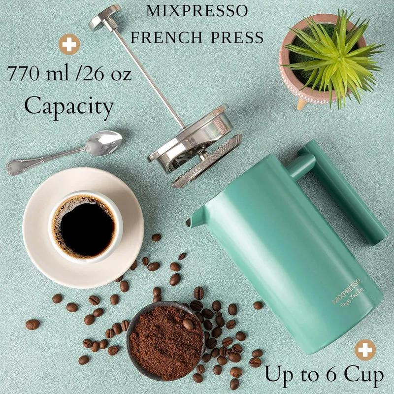 Mixpresso Green Stainless Steel French Press Coffee Maker 26 Oz 770 Ml, Double Wall Insulated French Press Stainless Steel, Easy Clean Tea Brewer, Easy Press Durable Metal Coffee Press