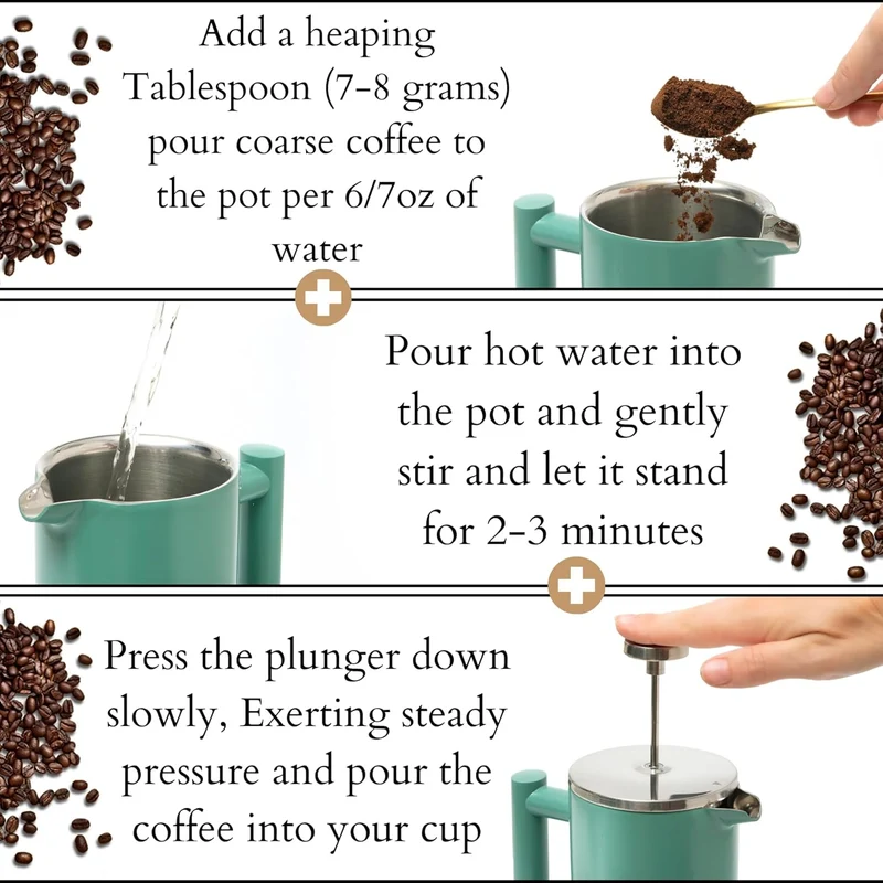 Mixpresso Green Stainless Steel French Press Coffee Maker 26 Oz 770 Ml, Double Wall Insulated French Press Stainless Steel, Easy Clean Tea Brewer, Easy Press Durable Metal Coffee Press