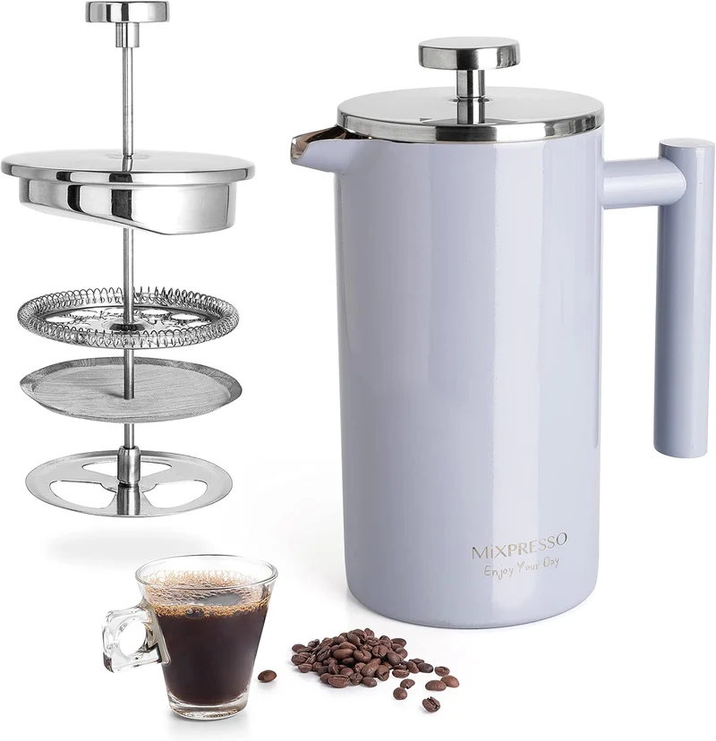Mixpresso Light Blue Stainless Steel French Press Coffee Maker 26 Oz 770 ml, Double Wall Insulated French Press Stainless Steel, Easy Clean Tea Brewer, Easy Press Durable Metal Coffee Press