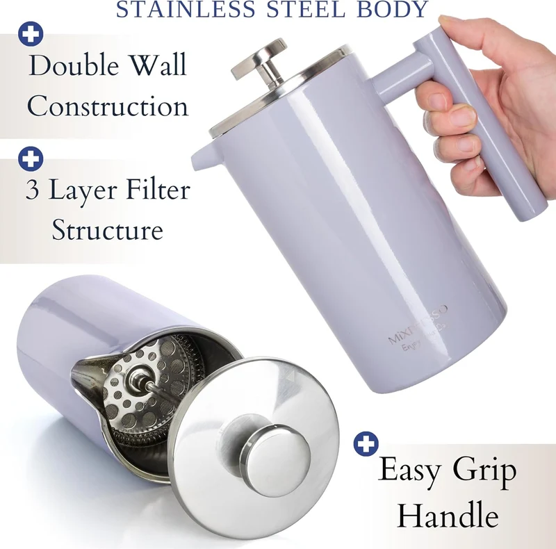 Mixpresso Light Blue Stainless Steel French Press Coffee Maker 26 Oz 770 ml, Double Wall Insulated French Press Stainless Steel, Easy Clean Tea Brewer, Easy Press Durable Metal Coffee Press
