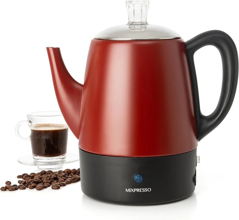 Mixpresso Red Small Percolator Coffee Pot Electric 4 Cup, Stainless Steel Coffee Maker, Coffee Percolator Electric With Keep Warm Function, 4 Cups Stainless Steel Perculator With Basket