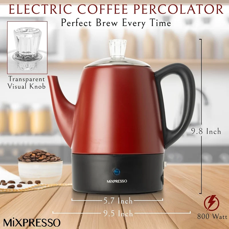 Mixpresso Red Small Percolator Coffee Pot Electric 4 Cup, Stainless Steel Coffee Maker, Coffee Percolator Electric With Keep Warm Function, 4 Cups Stainless Steel Perculator With Basket