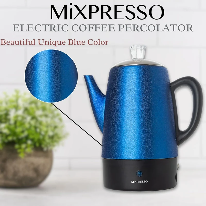 Mixpresso 10 Cup Percolator Coffee Pot Electric, Stainless Steel Coffee Percolator Electric With Keep Warm Function, Classic Perculator Pot With Removable Basket for Home or Office - Shiny Blue