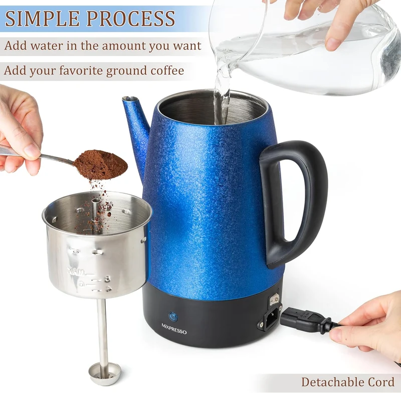 Mixpresso 10 Cup Percolator Coffee Pot Electric, Stainless Steel Coffee Percolator Electric With Keep Warm Function, Classic Perculator Pot With Removable Basket for Home or Office - Shiny Blue