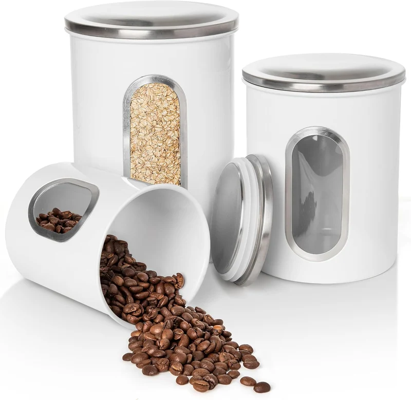 Mixpresso 3-Piece White Canisters Sets For The Kitchen, Airtight Canister Set With See Through Window, Storage Jars for Coffee Container, Tea Organizer & Sugar Canister, White Kitchen Canisters