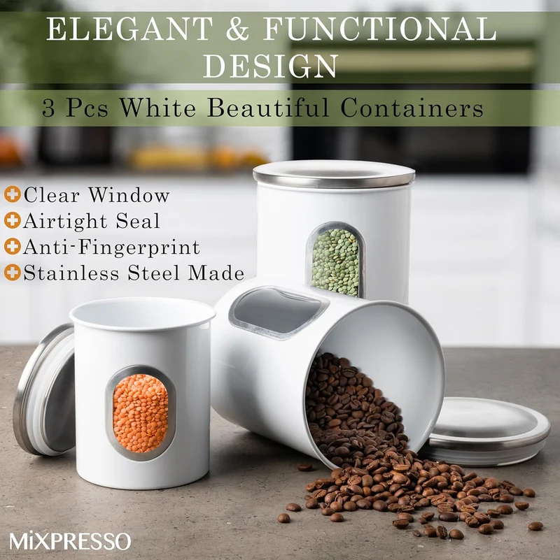Mixpresso 3-Piece White Canisters Sets For The Kitchen, Airtight Canister Set With See Through Window, Storage Jars for Coffee Container, Tea Organizer & Sugar Canister, White Kitchen Canisters