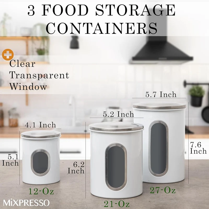 Mixpresso 3-Piece White Canisters Sets For The Kitchen, Airtight Canister Set With See Through Window, Storage Jars for Coffee Container, Tea Organizer & Sugar Canister, White Kitchen Canisters