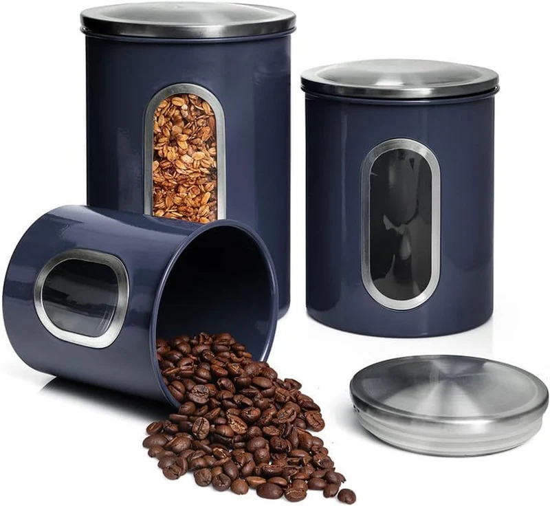 Mixpresso 3-Piece Blue Canisters Sets For The Kitchen, Airtight Canister Set With See Through Window, Storage Jars for Coffee Container, Tea Organizer & Sugar Canister, Blue Kitchen Canisters